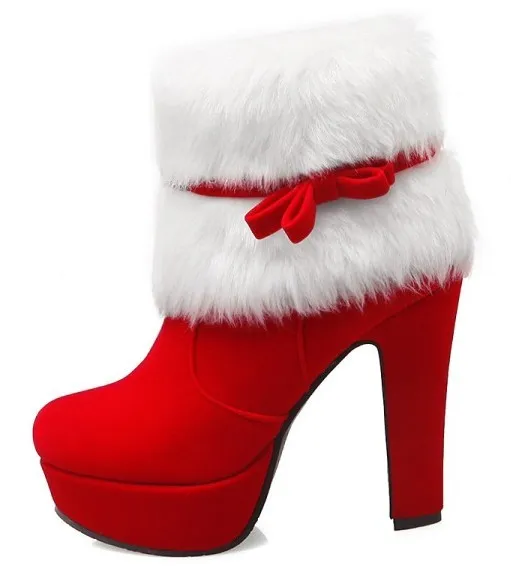 Red White Suede Ankle Fur Bow Platform High Heel Boots