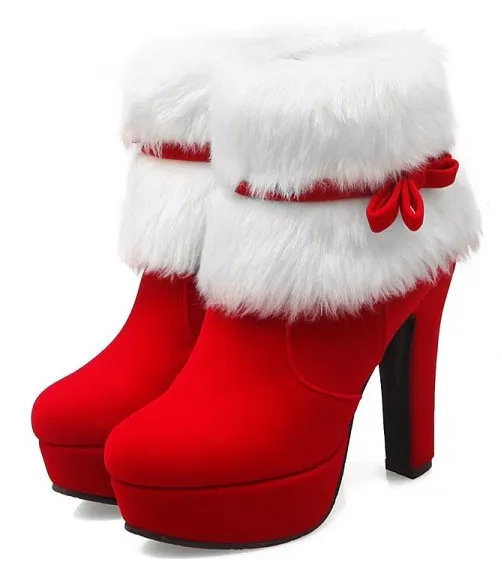 Red White Suede Ankle Fur Bow Platform High Heel Boots