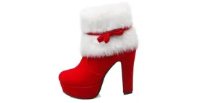 Red White Suede Ankle Fur Bow Platform High Heel Boots