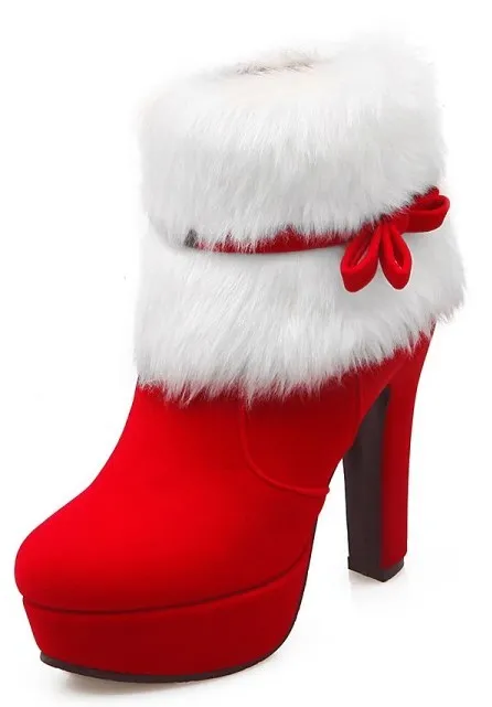 Red White Suede Ankle Fur Bow Platform High Heel Boots