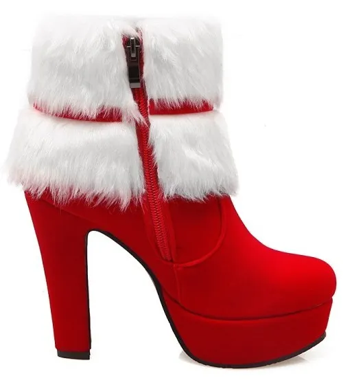 Red White Suede Ankle Fur Bow Platform High Heel Boots