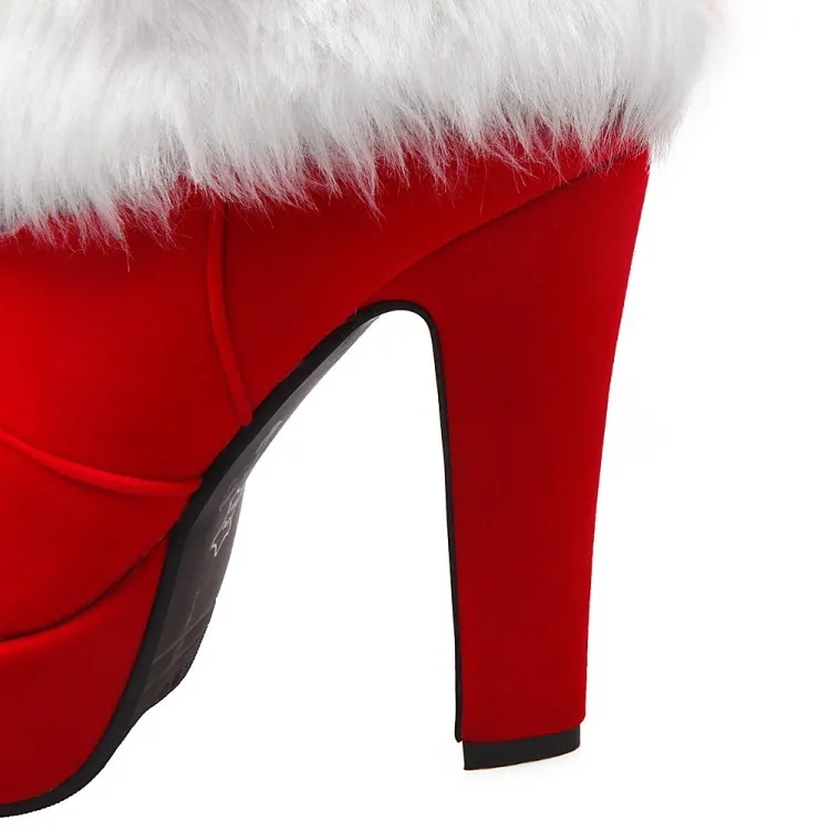 Red White Suede Ankle Fur Bow Platform High Heel Boots