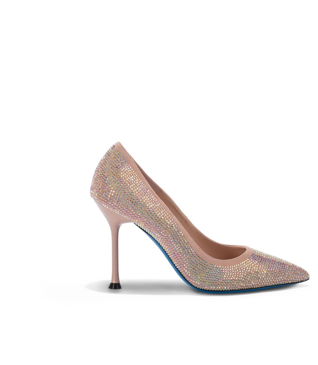 Rhinestoned pink suede pumps