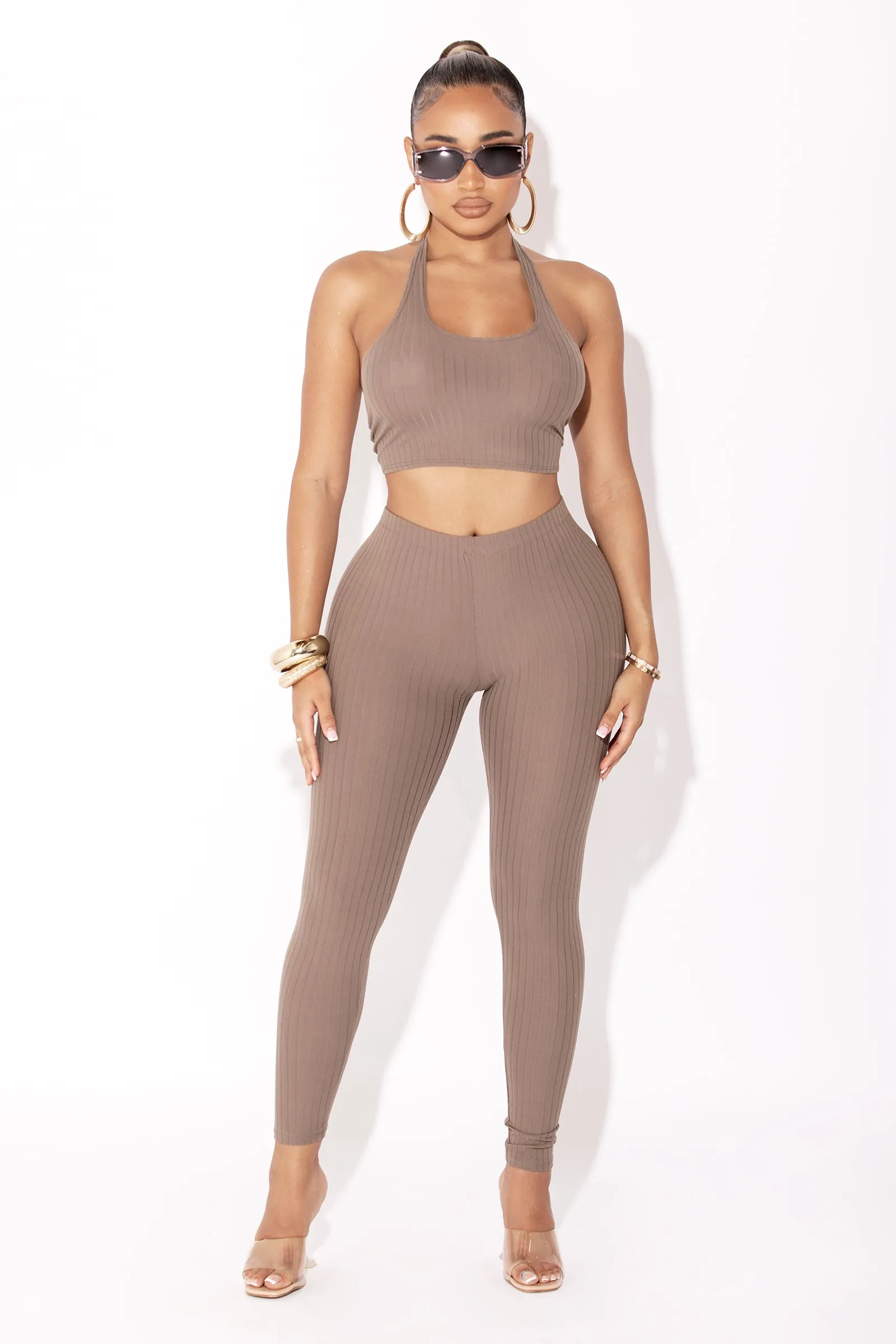 Ribbed Taupe Halter Top and Legging Matching Set.