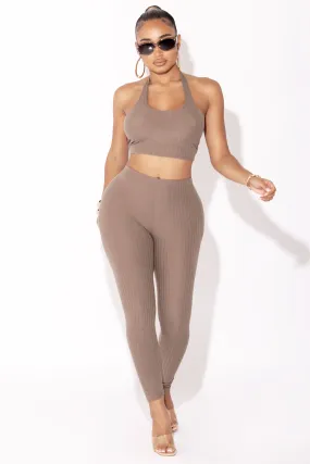 Ribbed Taupe Halter Top and Legging Matching Set.