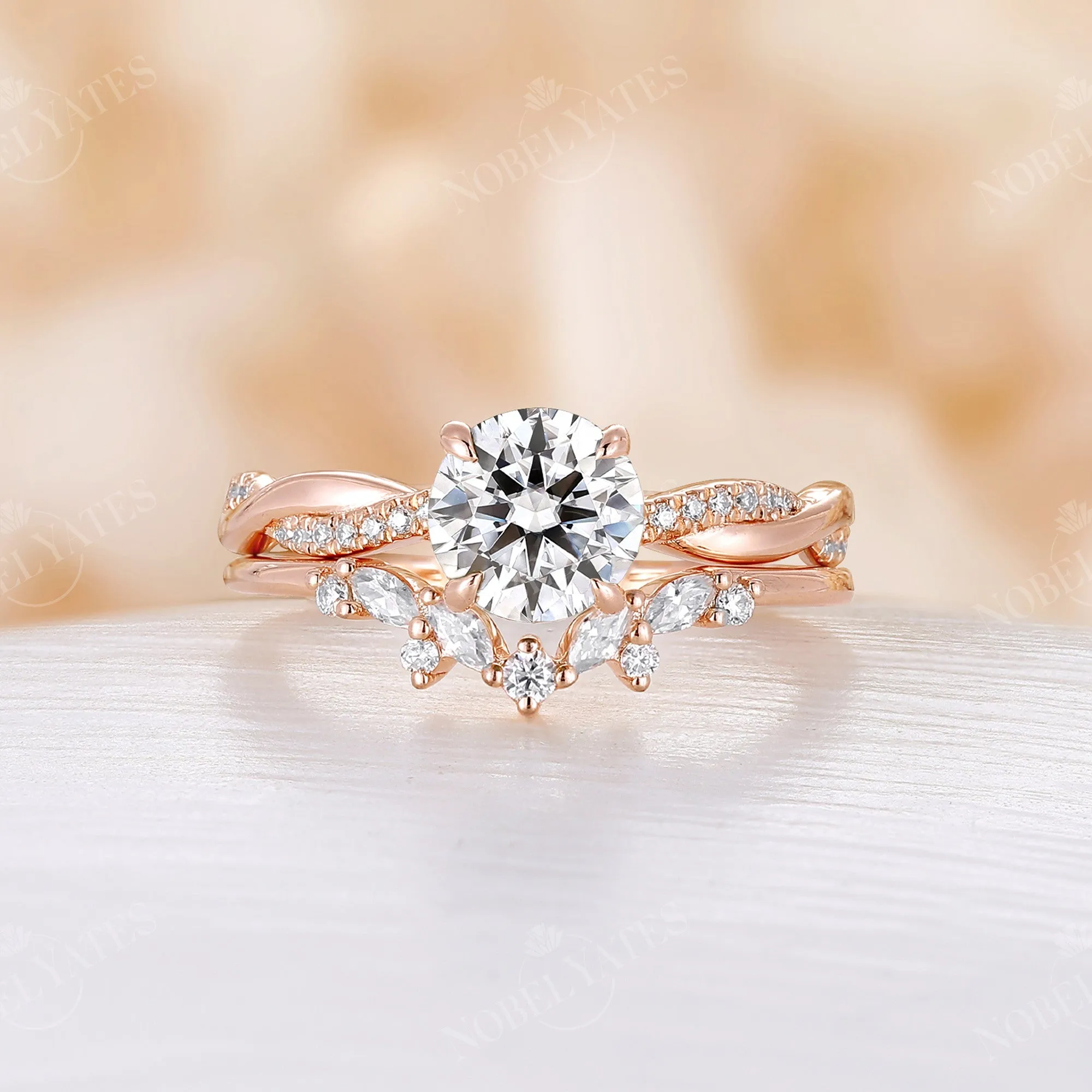 Round Moissanite Rose Gold Twist Engagement Ring Set