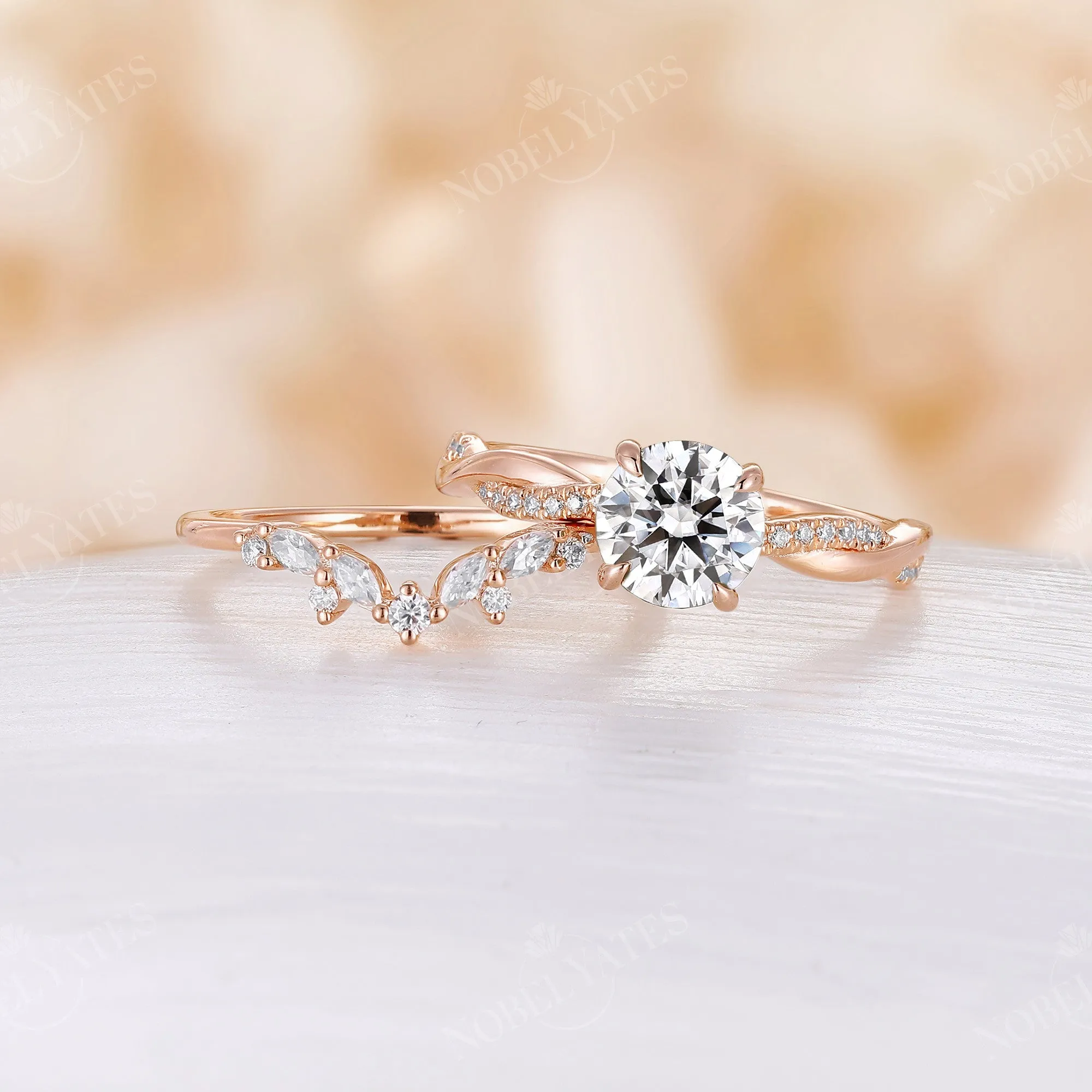 Round Moissanite Rose Gold Twist Engagement Ring Set