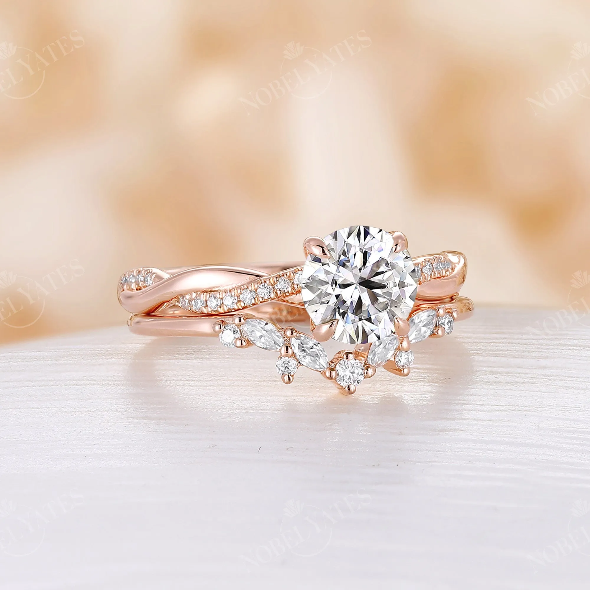 Round Moissanite Rose Gold Twist Engagement Ring Set