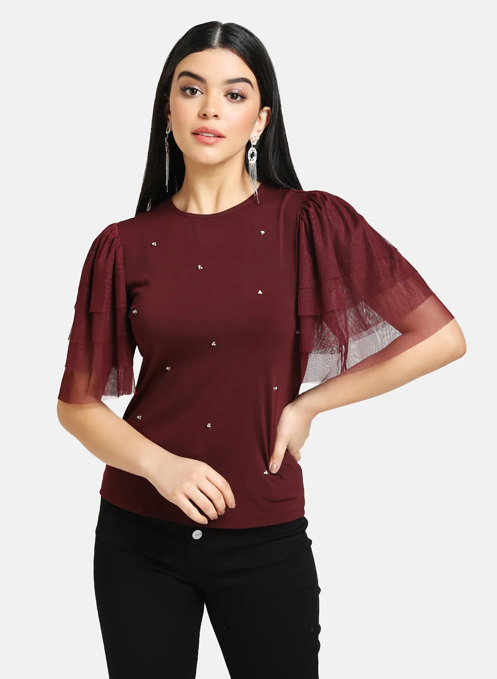 Ruffle Sleeve Embellished Top Detail