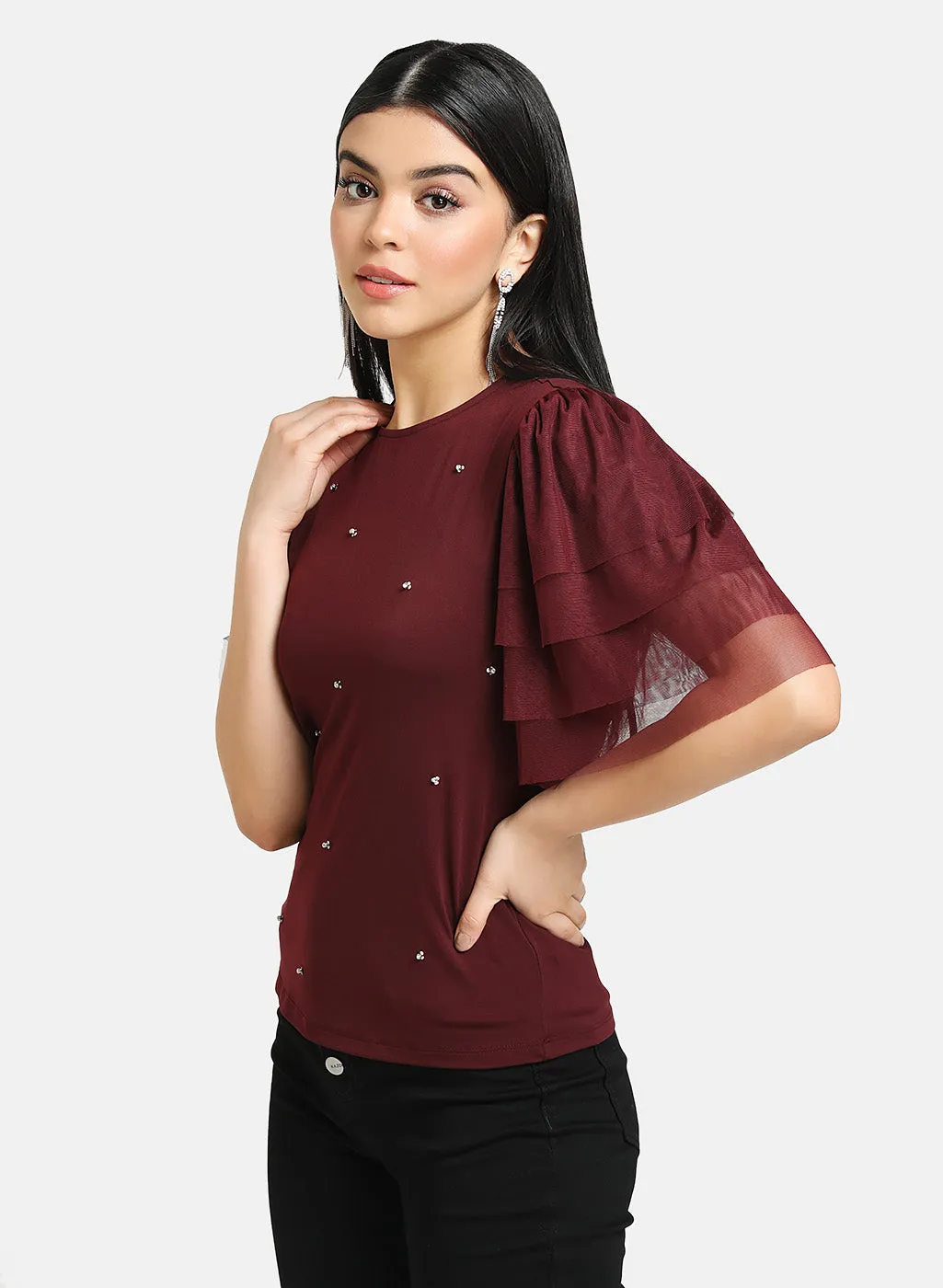 Ruffle Sleeve Embellished Top Detail