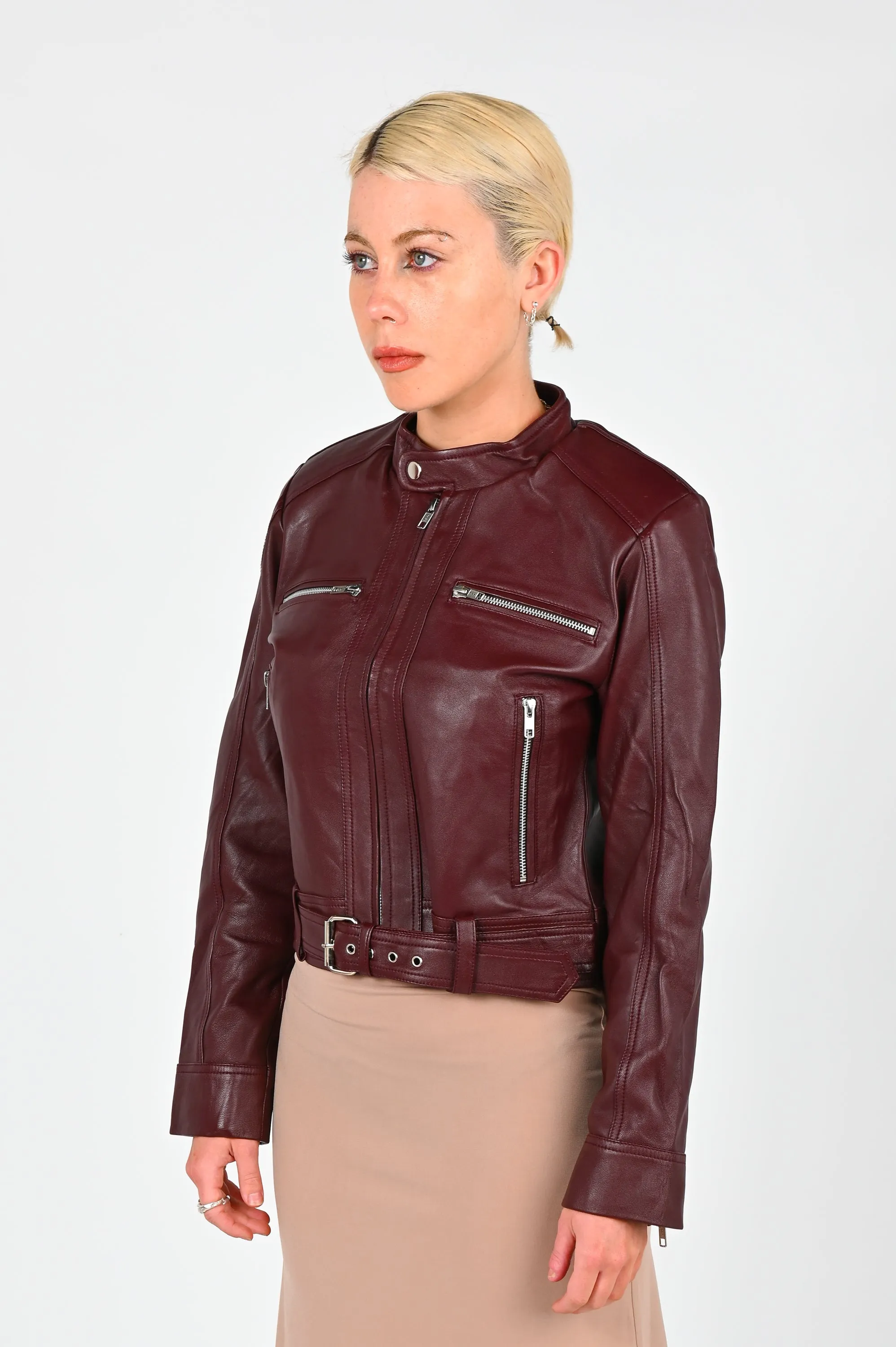 Wine-Colored Leather Coat