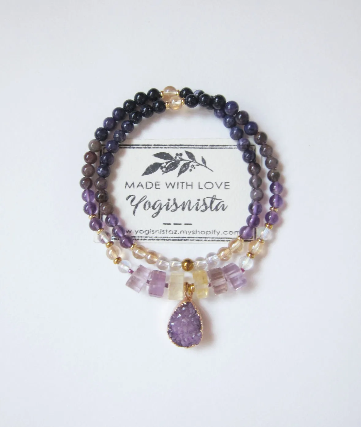 SALE - 2 pc set, Bohemian Charoite, Ametrine, Citrine Quartz, Druzy Pendant Beaded Necklace