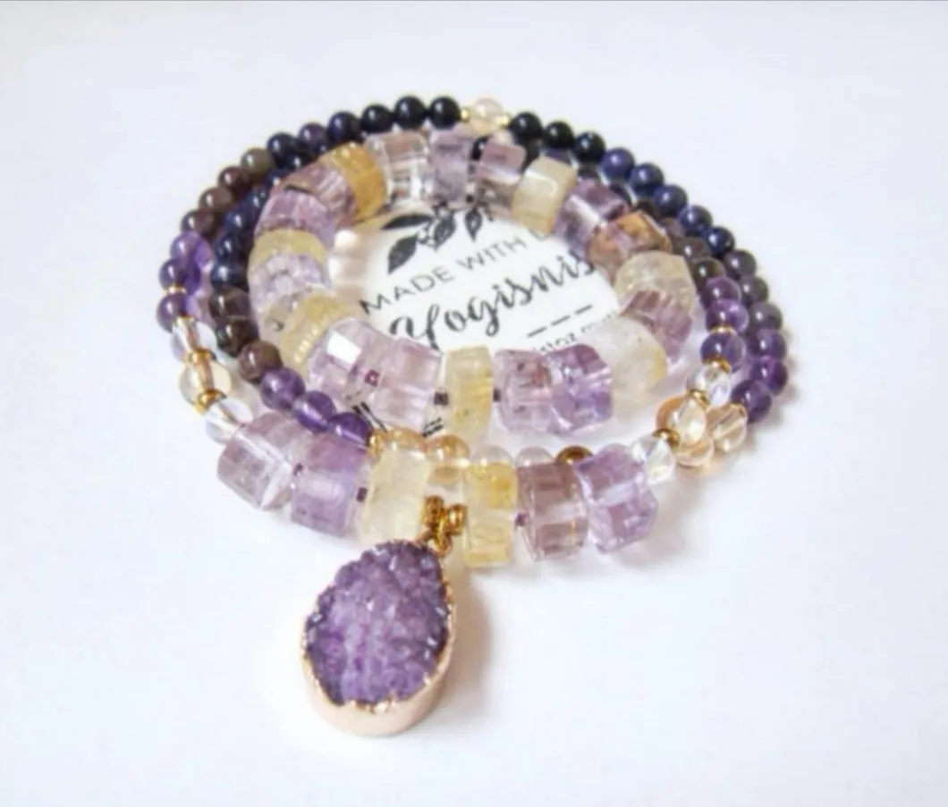 SALE - 2 pc set, Bohemian Charoite, Ametrine, Citrine Quartz, Druzy Pendant Beaded Necklace