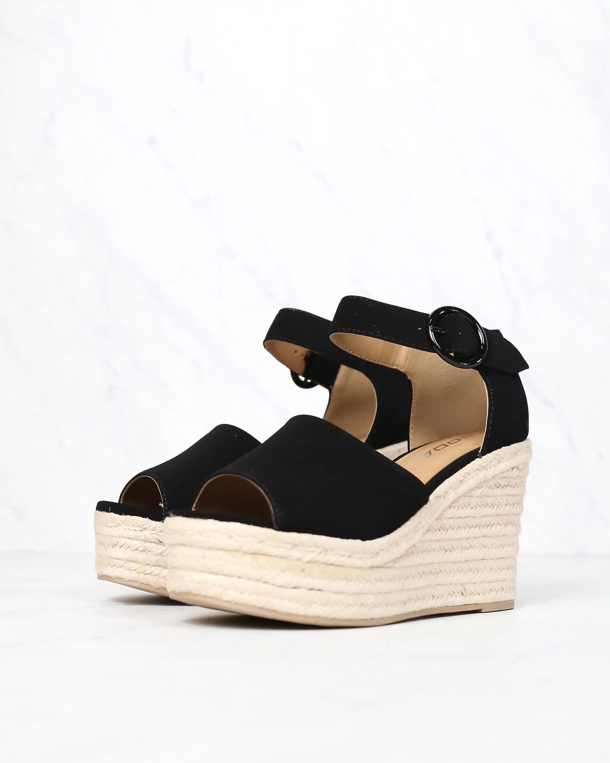 Sassy Black Suede Espadrille Wedges