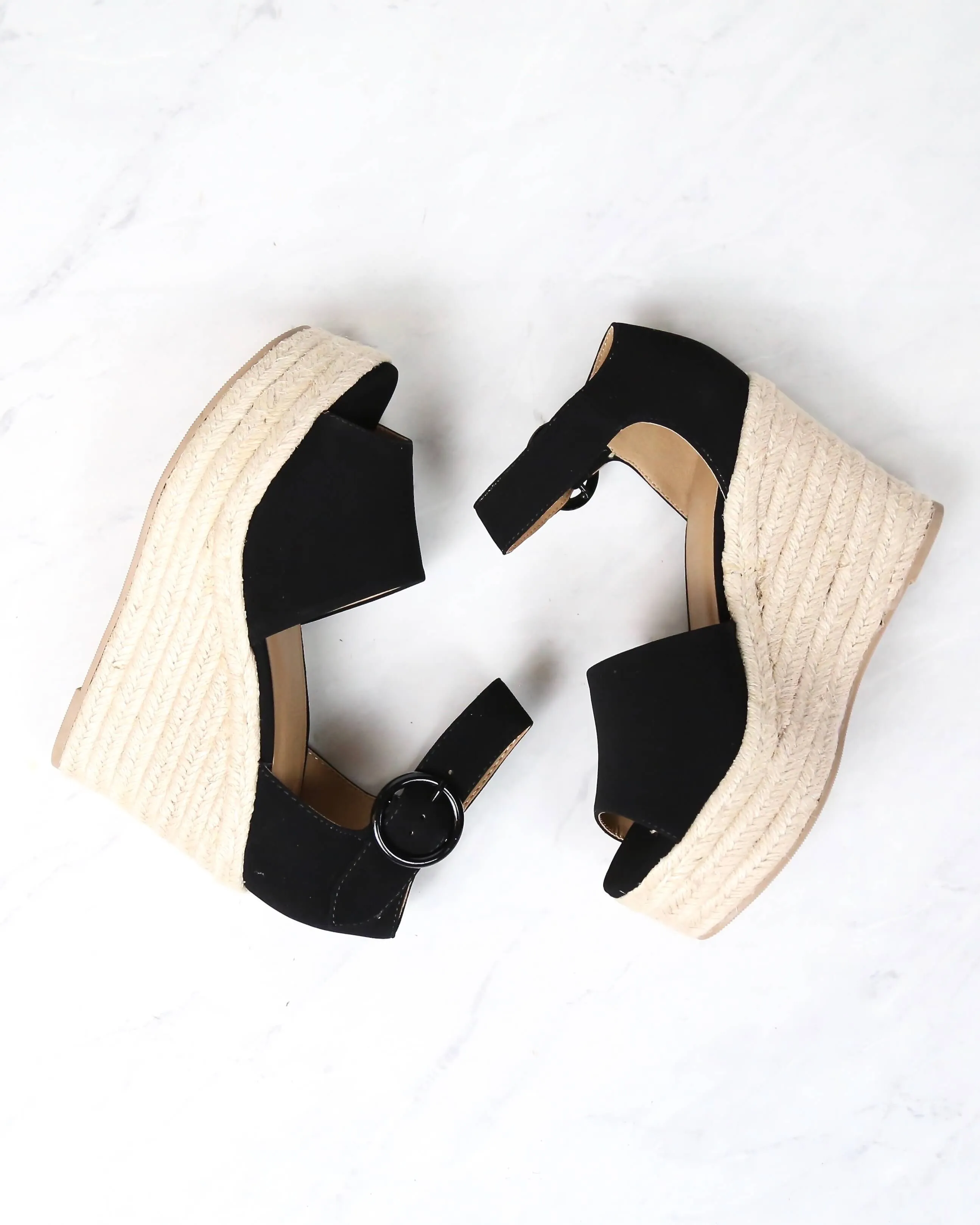 Sassy Black Suede Espadrille Wedges