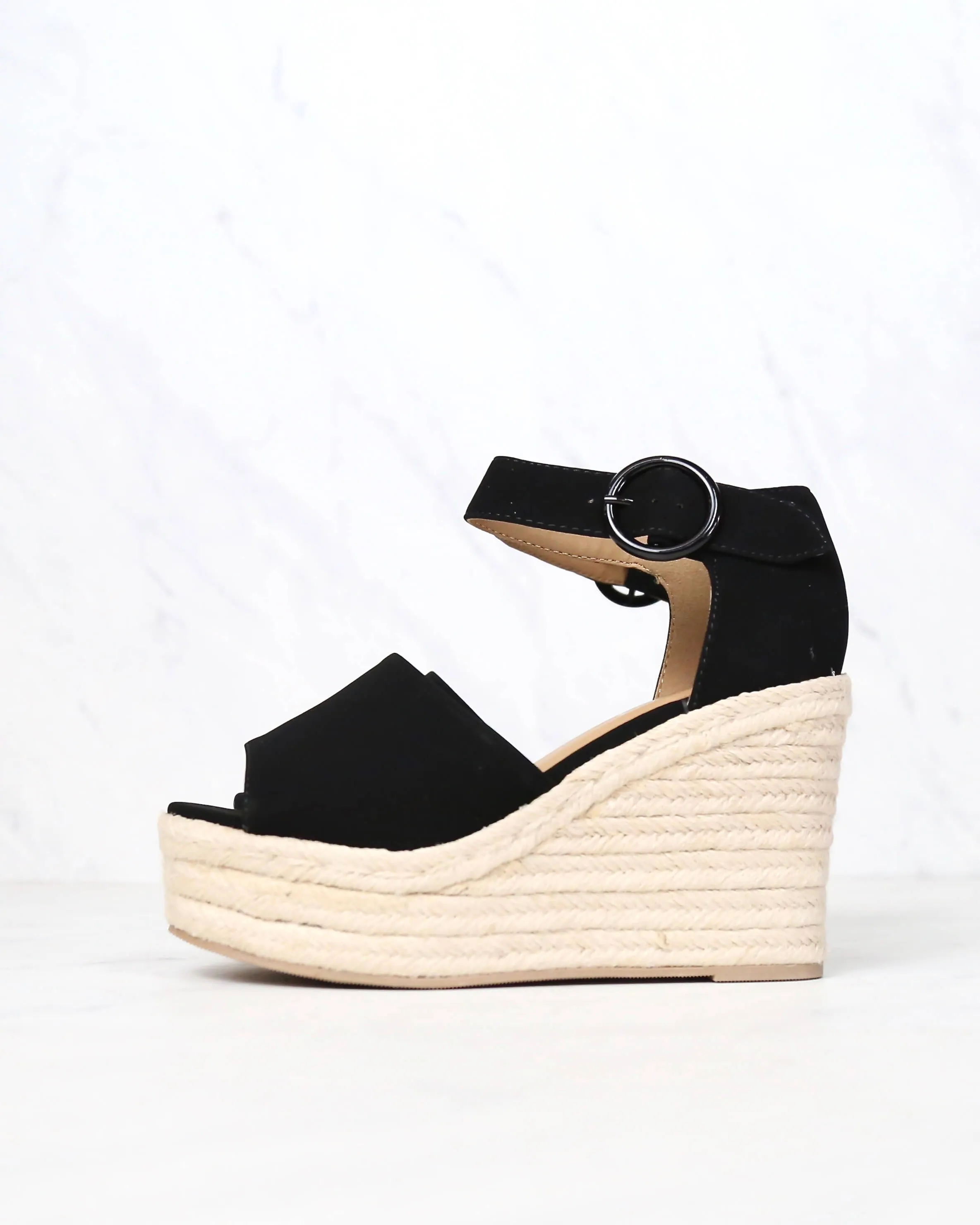 Sassy Black Suede Espadrille Wedges