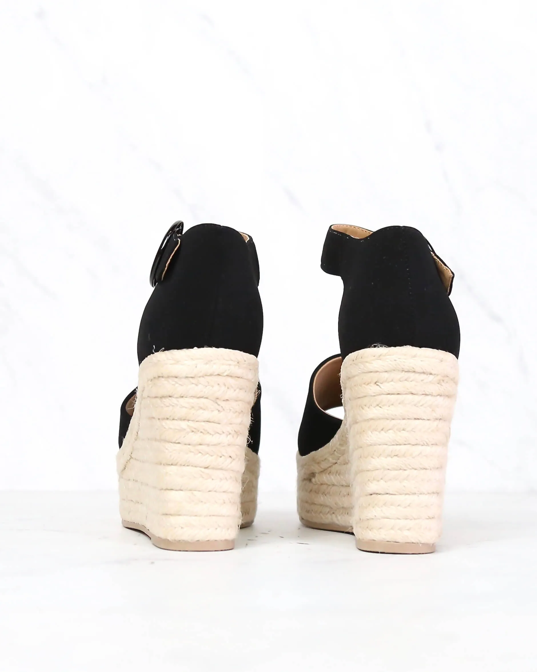 Sassy Black Suede Espadrille Wedges