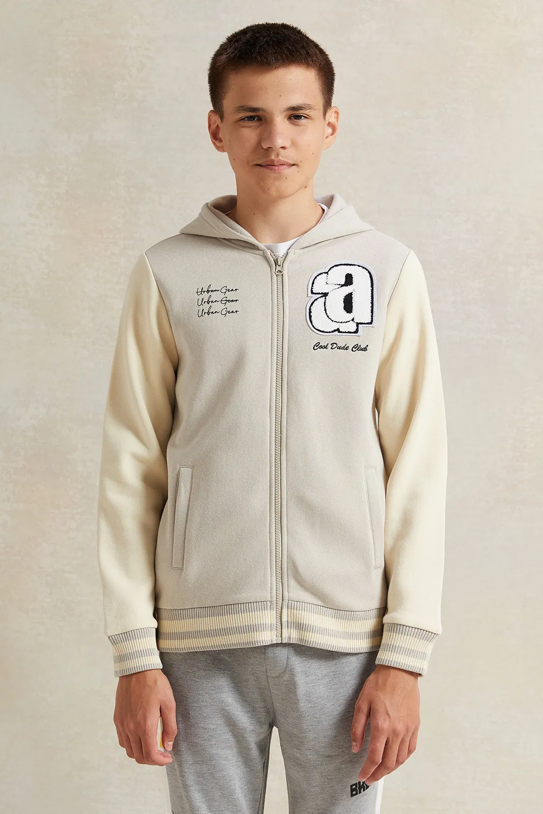 Senior Boys Beige Baseball Hoody Sweatshirt