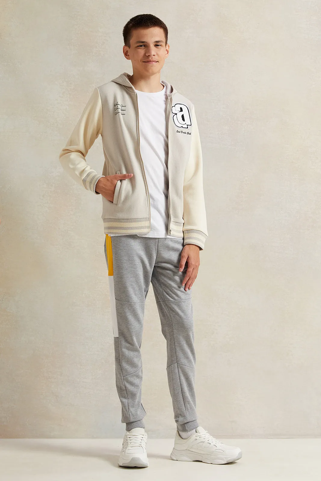 Senior Boys Beige Baseball Hoody Sweatshirt