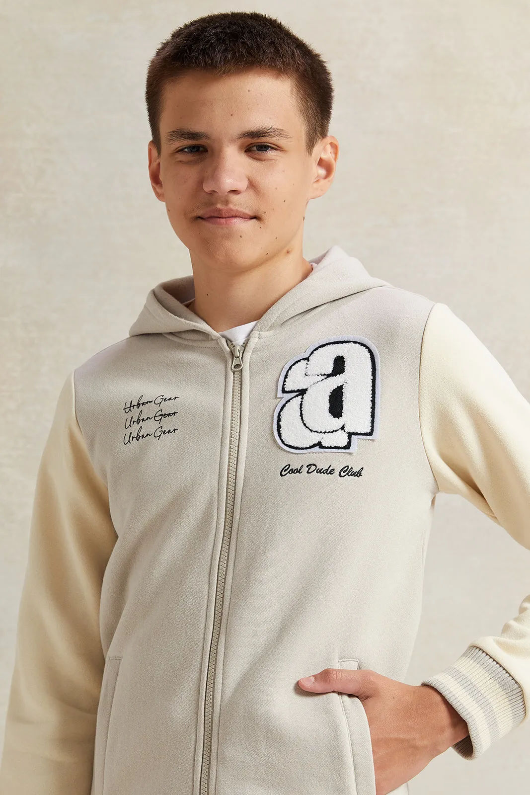 Senior Boys Beige Baseball Hoody Sweatshirt