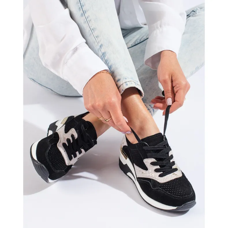 Shelovet black leather wedge sneakers