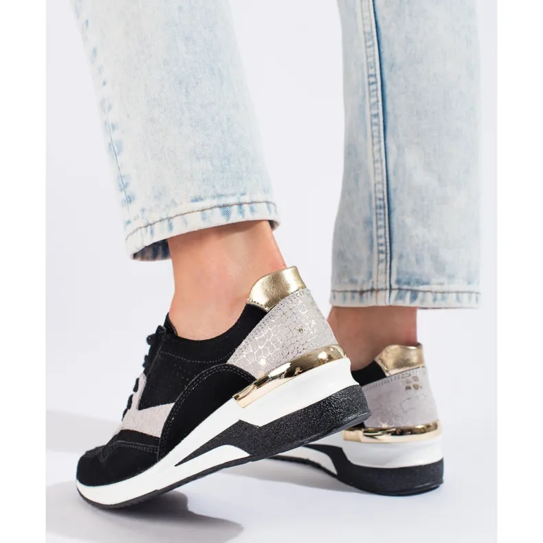 Shelovet black leather wedge sneakers