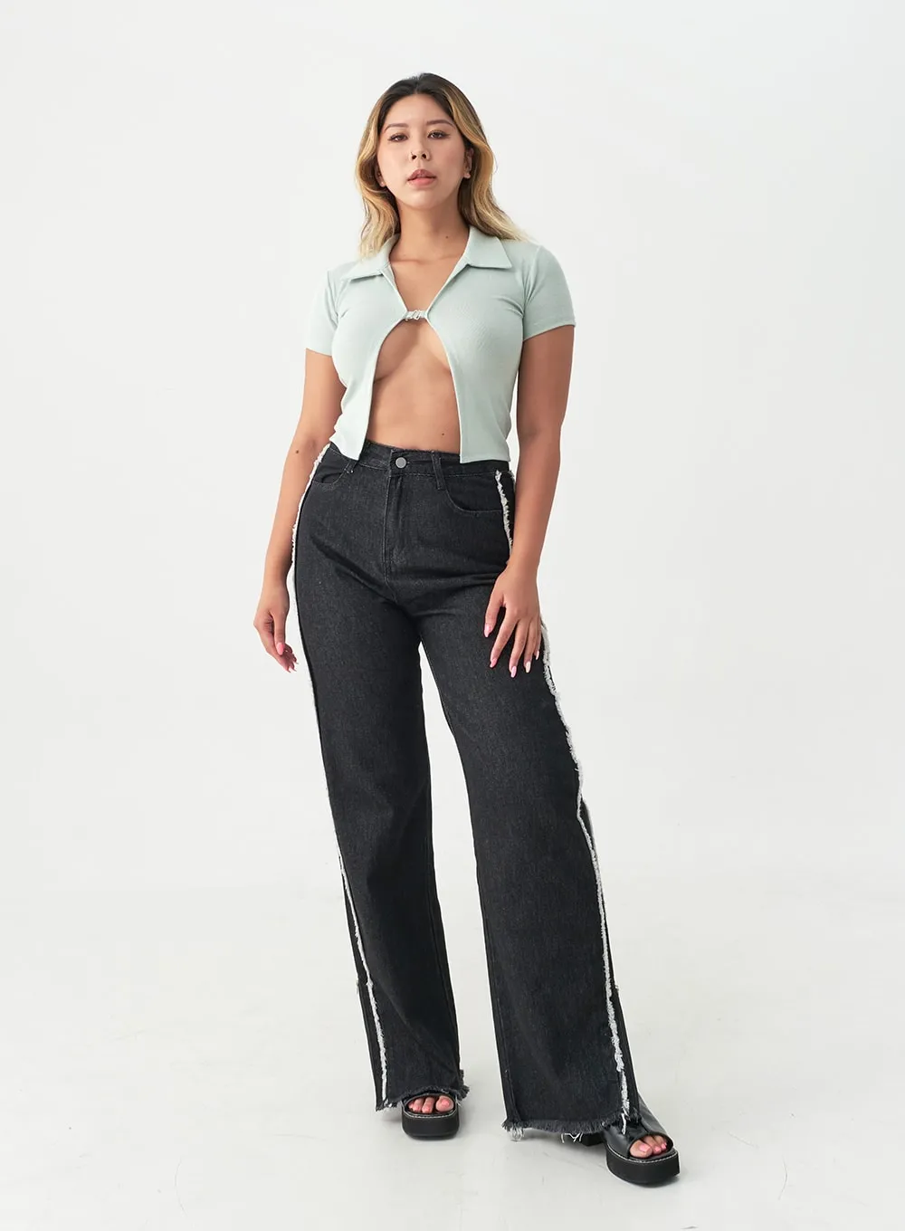 Zippered Side Slit Jeans with Tassel Detail IU20