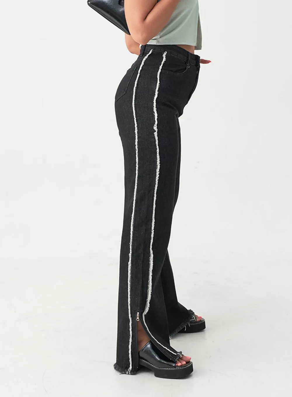 Zippered Side Slit Jeans with Tassel Detail IU20