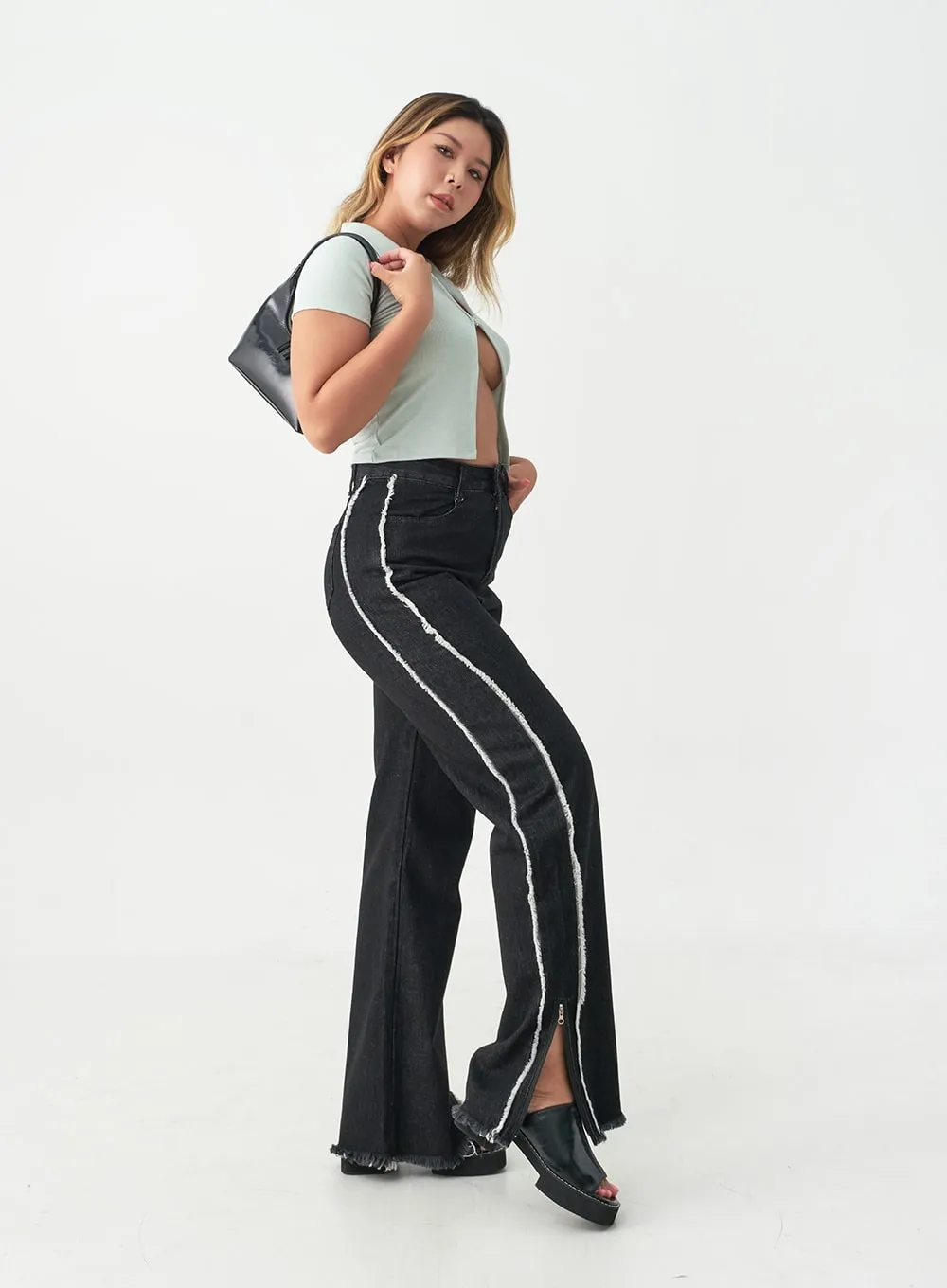 Zippered Side Slit Jeans with Tassel Detail IU20