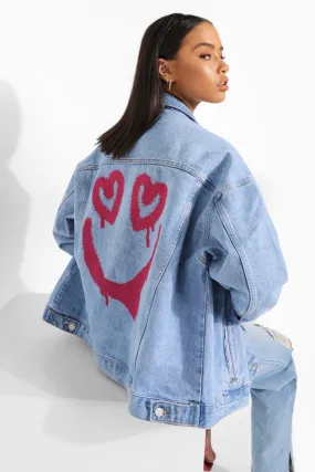 Smile Printed Oversized Denim Jacket