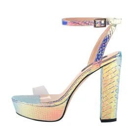 Snake Print Chunky Heel Sandals - Iridescent Platform