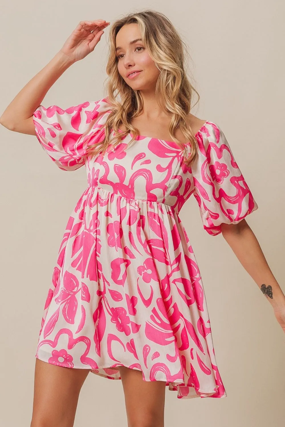 Square Neck Puff Sleeve Dress - Angela