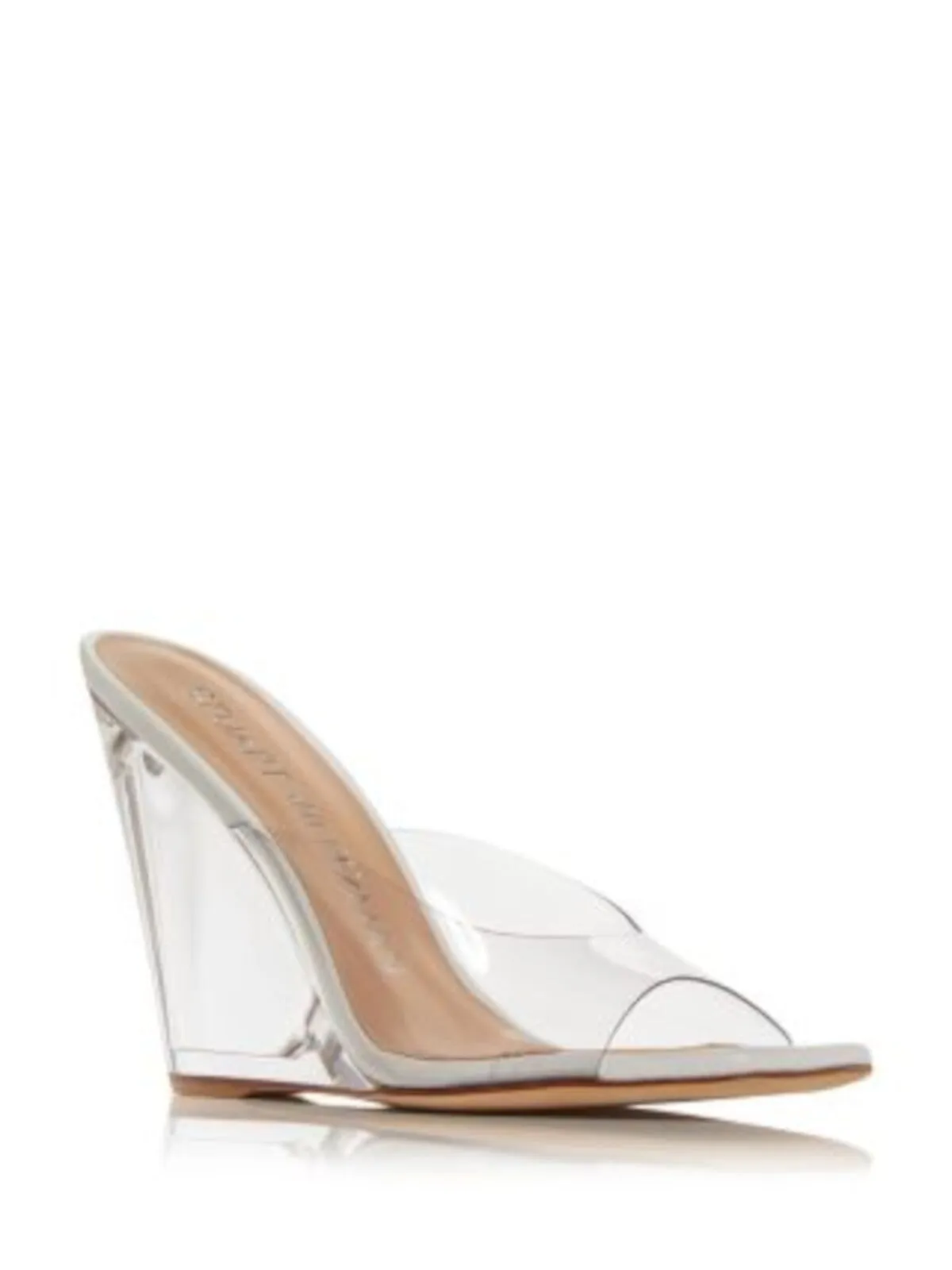 STUART WEITZMAN Women's Clear Translucent Padded Tia Square Toe Wedge Slip-On Dress Heeled Sandals.