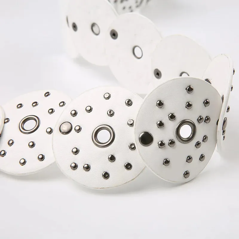 Studded Buckle Belt Women Vintage Synthetic Leather White