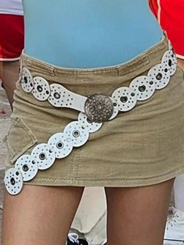 Studded Buckle Belt Women Vintage Synthetic Leather White