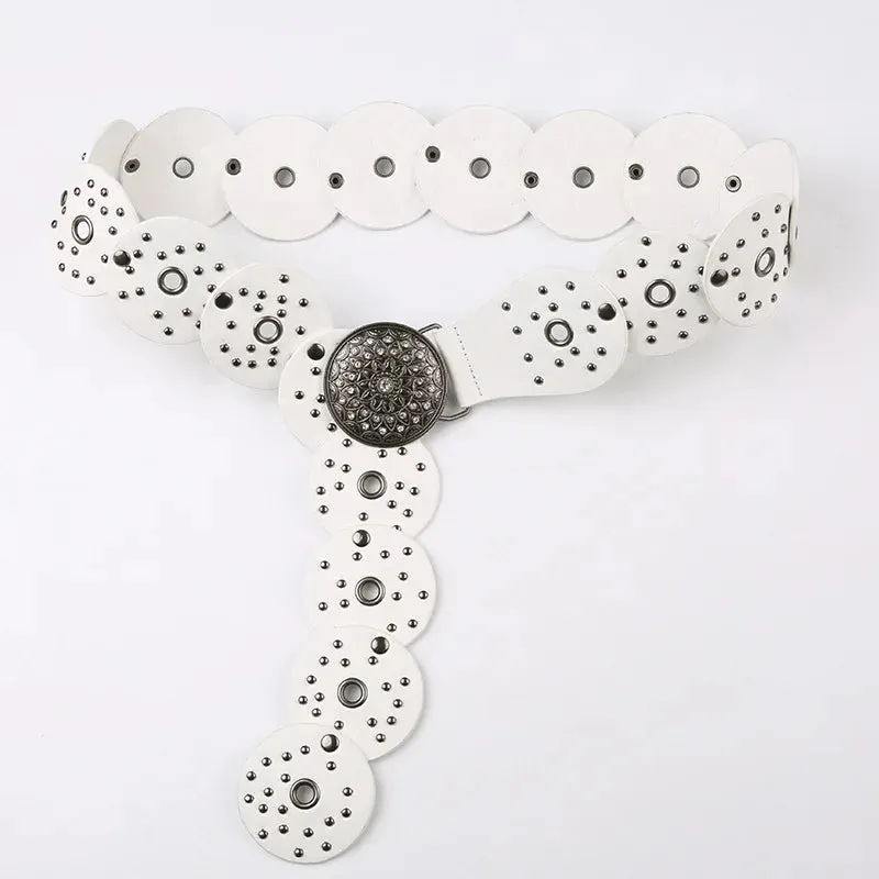 Studded Buckle Belt Women Vintage Synthetic Leather White