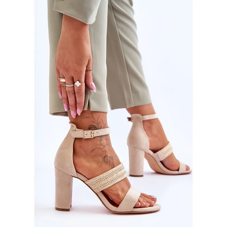 Suede Sandals With Braided Heels Beige Roselia