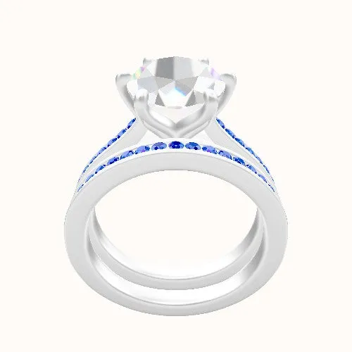 Tapered Channel Set Engagement Ring With Petal Six Prong Head and Matching Band