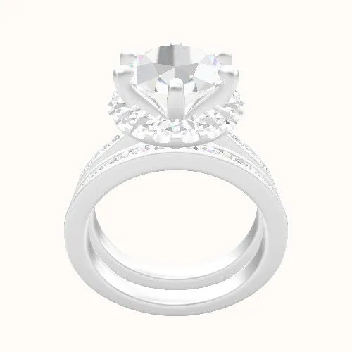 Tapered Channel Set Engagement Ring With Six Prong Halo Head and Matching Band