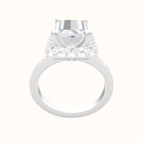 Tapered Channel Set Engagement Ring With V Prong Halo Head