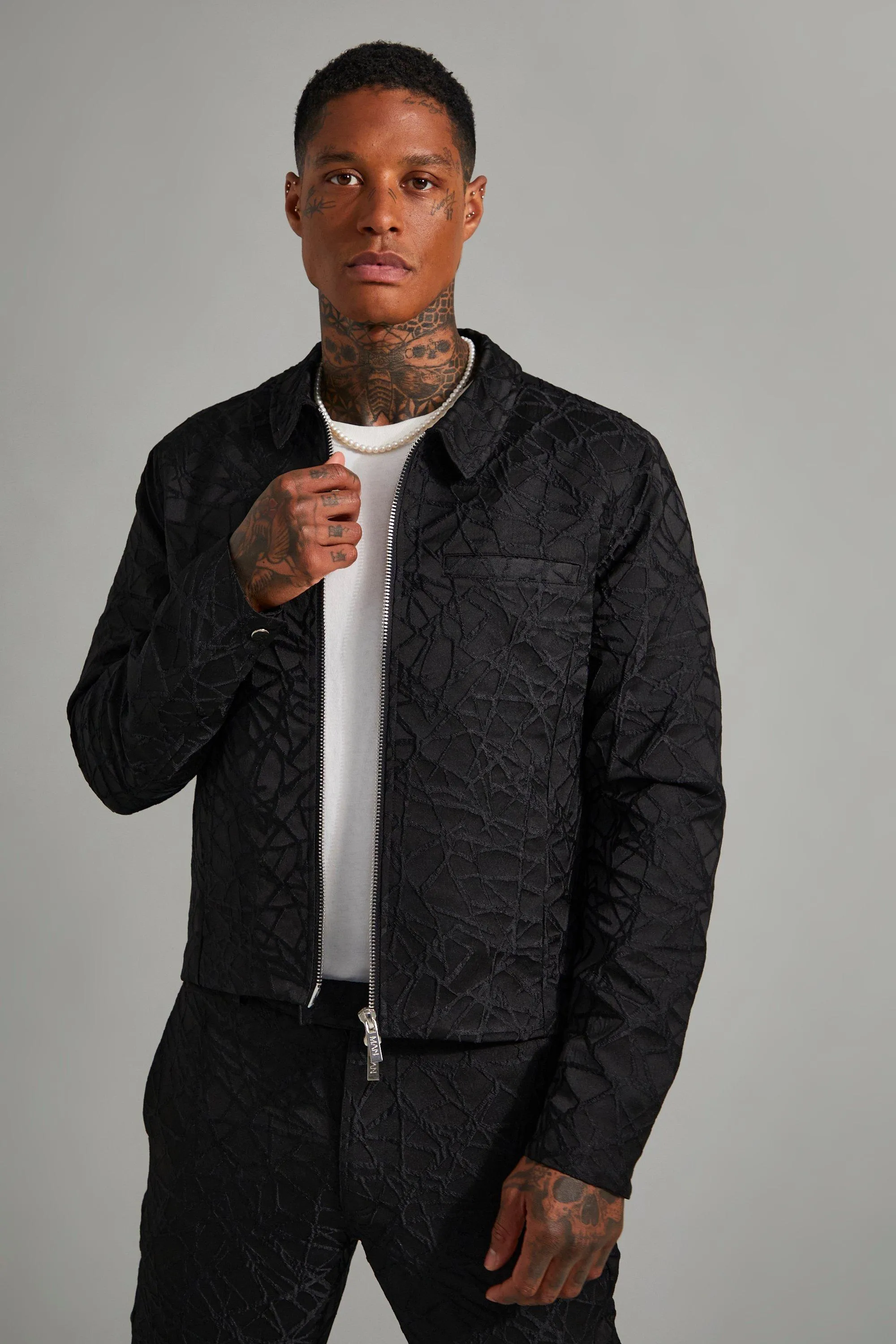 Textured Jacquard Boxy Harrington Jacket