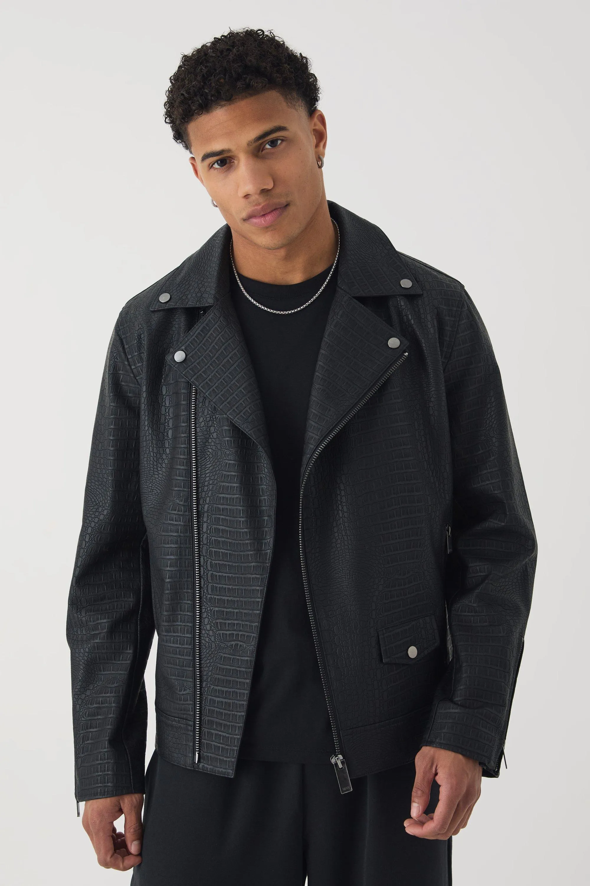 Textured Pu Moto Jacket In Black