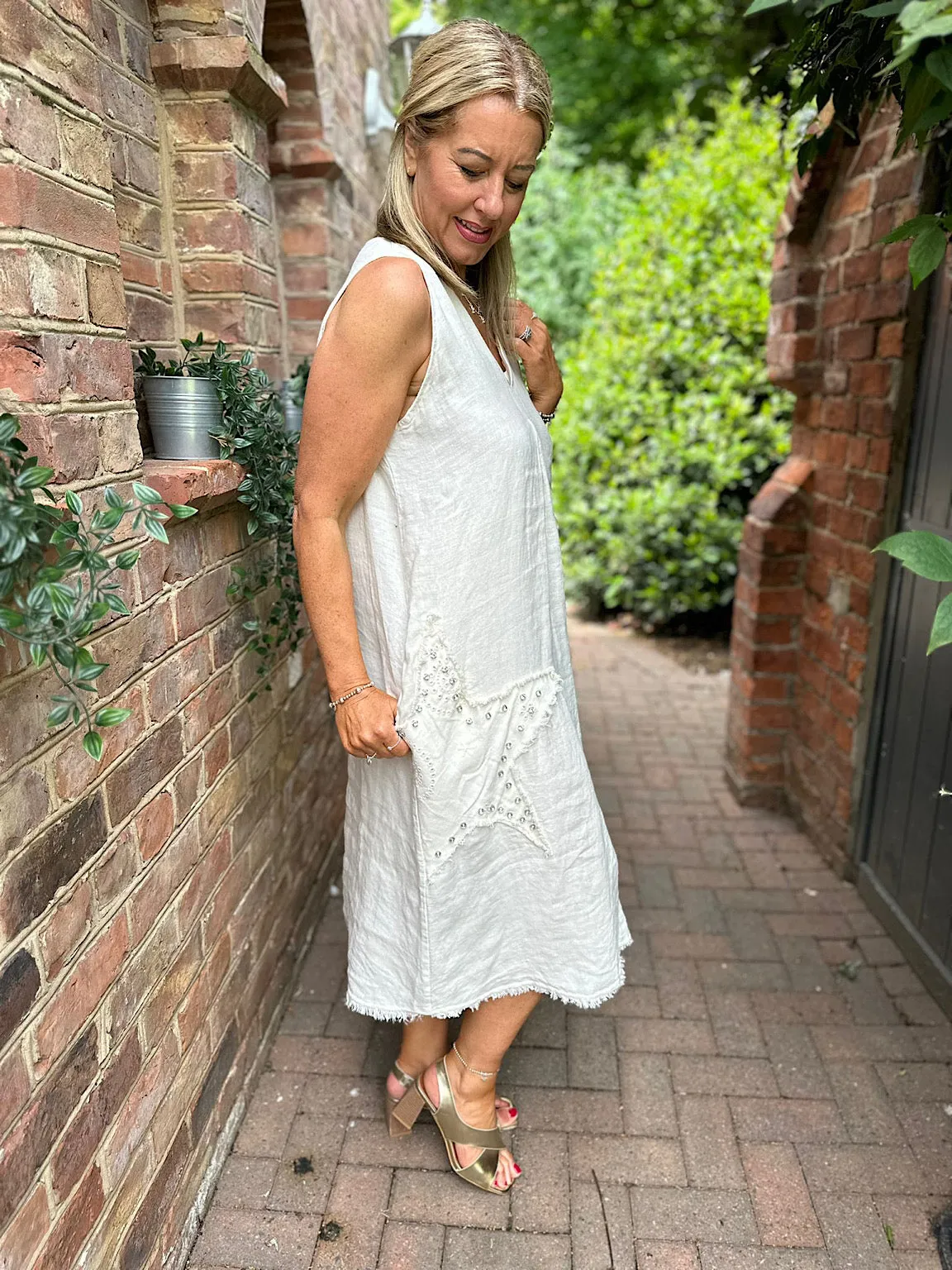 Vanilla Diamante Linen Raw Edge Star Dress Jackie - Vanilla Linen Star Dress with Diamante Details