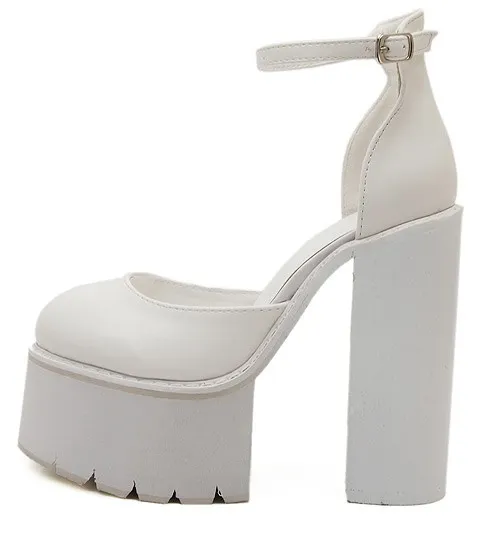 White Cleated Chunky Block High Heels Platforms