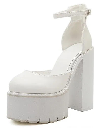 White Cleated Chunky Block High Heels Platforms