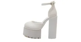 White Cleated Chunky Block High Heels Platforms