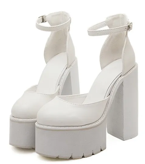 White Cleated Chunky Block High Heels Platforms