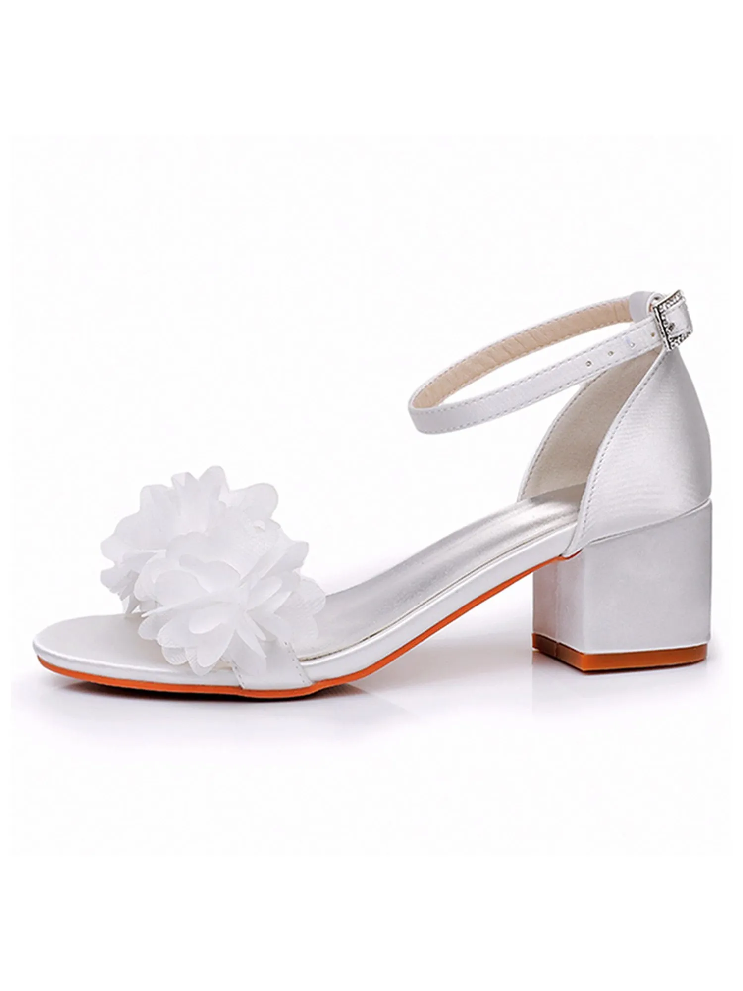 White Floral Satin Open Toe Low Chunky Heels