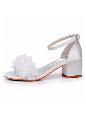 White Floral Satin Open Toe Low Chunky Heels