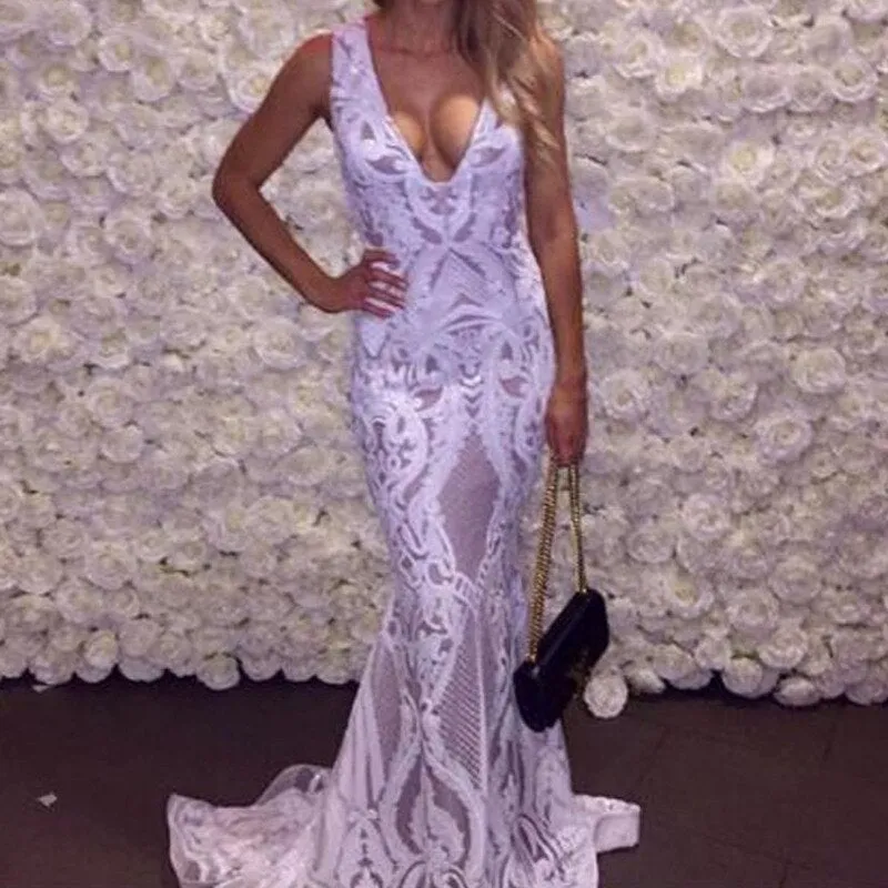 White Lace Dresses for Women - Deep V Neck Maxi Dress Slim Party Evening